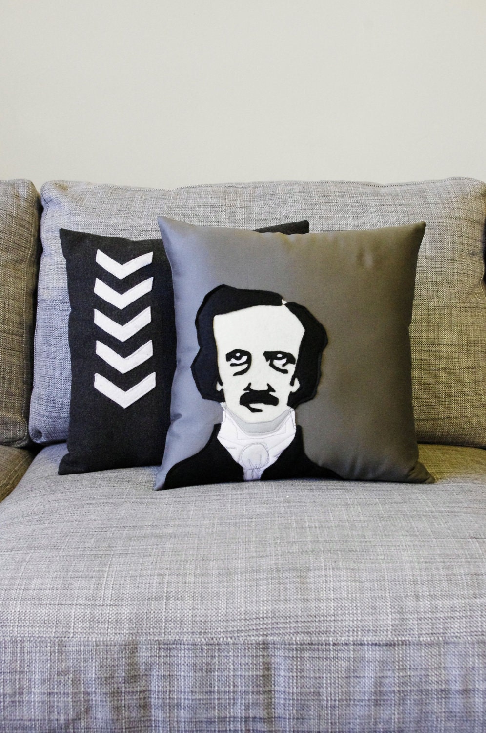 Edgar Allan Poe Decorative Pillow - On Gray Fabric - Halloween Decor
