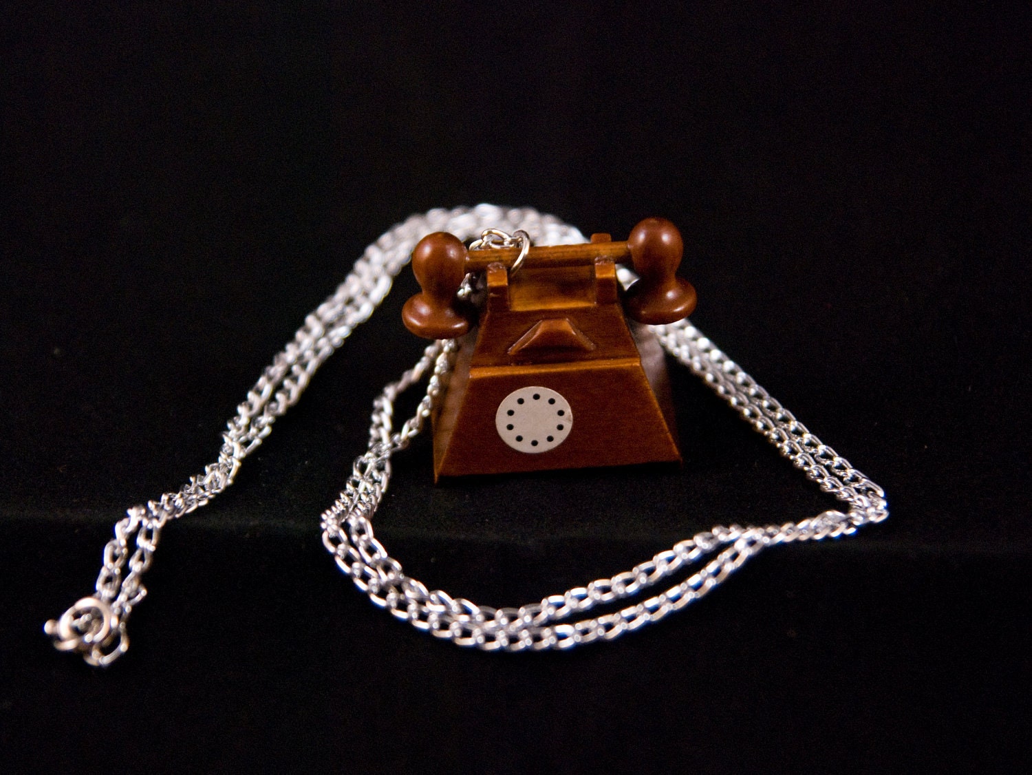 Brown Wooden Rotary Telephone Necklace