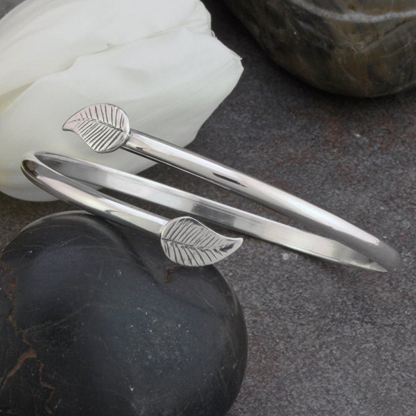 Sterling Silver Bangle Bracelet with Leaf Accents