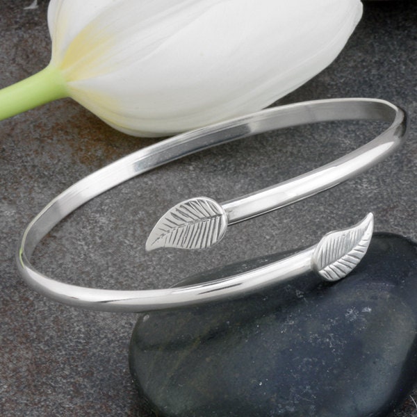 Sterling Silver Bangle Bracelet with Leaf Accents