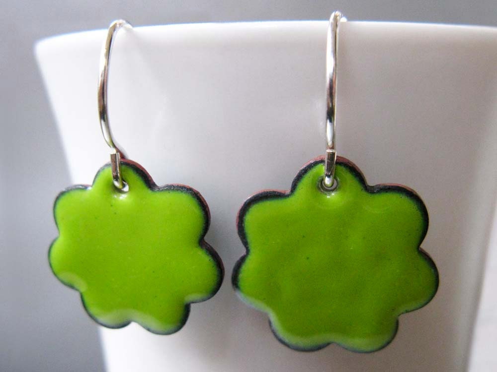 Ready to Ship: Blossom Enamel Earrings, Lime Green Kiln Fired Glass Enamel and Sterling Silver