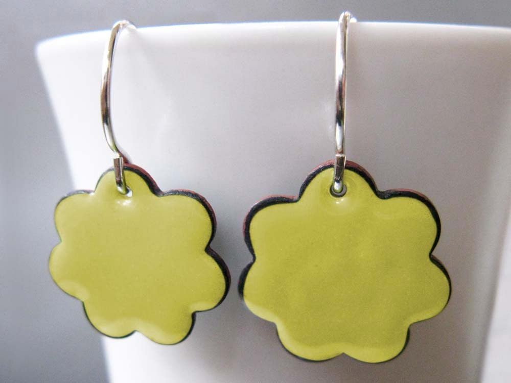 Ready to Ship: Blossom Enamel Earrings, Pastel Yellow Kiln Fired Glass Enamel and Sterling Silver
