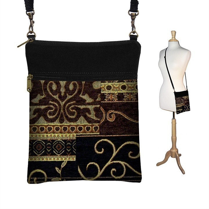 Rich Tapestry Sling Bag Shoulder Purse Cross Body Bag Small Travel Purse Zipper Fits eReaders  Black Brown (RTS)