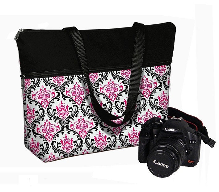 Womens Camera Tote Bag DSLR Camera Bag SLR Camera Bag Purse Padded Zipper - Madison Damask Pink