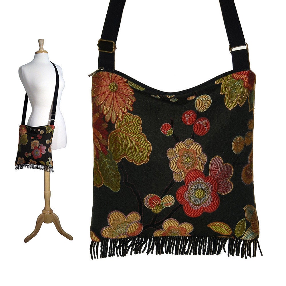Bohemian Purse Gypsy Fringe Bag Slouch Hobo Bag Hippie Purse Shoulder Bag Zipper - Asian Blossom Tapestry