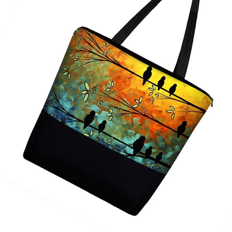 Large Tote Bag Purse / Boy Diaper Bag / Cute Cotton Tote Bag / Zippered Canvas Tote / Teacher Tote - Birds of a Feather MADART (RTS)