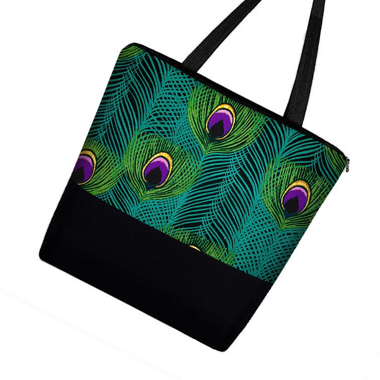 Large Tote Bag Purse /  Diaper Bag / Cute Cotton Tote Bag / Zippered Canvas Tote / Teacher or Work Tote - Peacock Feathers