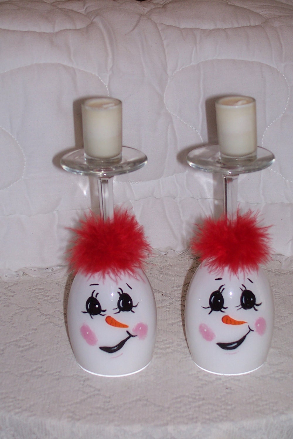 Inverted Wine Glass Snowman Candle Holder with Frou-Frou, Pair