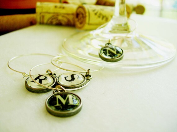 Antiqued Typewriter Alphabet wine charms, set of 6. New Item