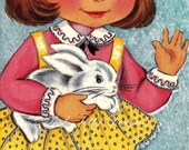 1950s Little Girl with a Bunny Vintage Greetings Card Digital Download Printable Images (153a)