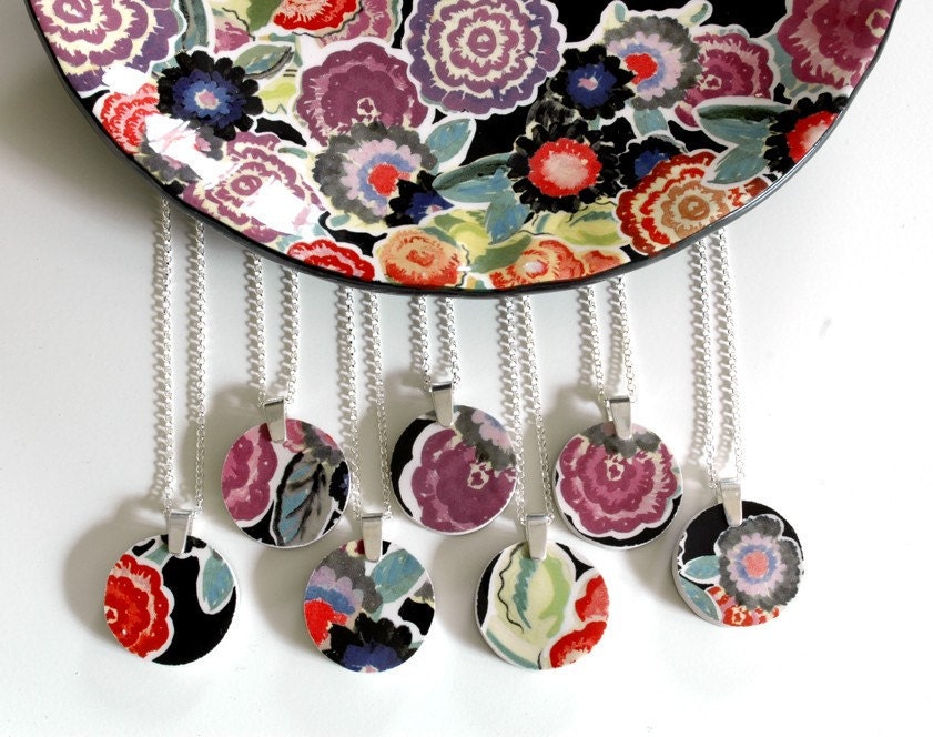 Custom Bridesmaid Jewelry -  Matching Simple Circle Broken Plate Pendants on Chains 5QTY - Recycled China