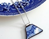 Broken Plate Pendant on Chain - Blue Willow - Recycled China