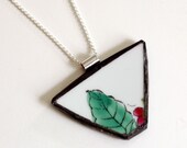 Broken Plate Pendant on Chain - Green Leaf with Pink - Recycled China