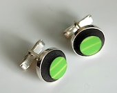Simple Circle Silver Plated Cuff Links - Green Shamrock - Recycled China