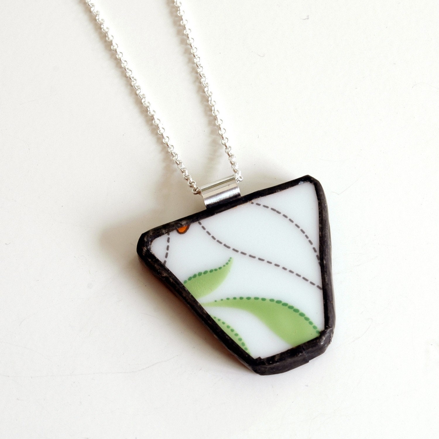 Broken Plate Pendant on Chain - Green Black and White - Recycled China