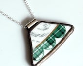 Broken Plate Pendant on Chain - Green and White Scalloped Plaid - Recycled China