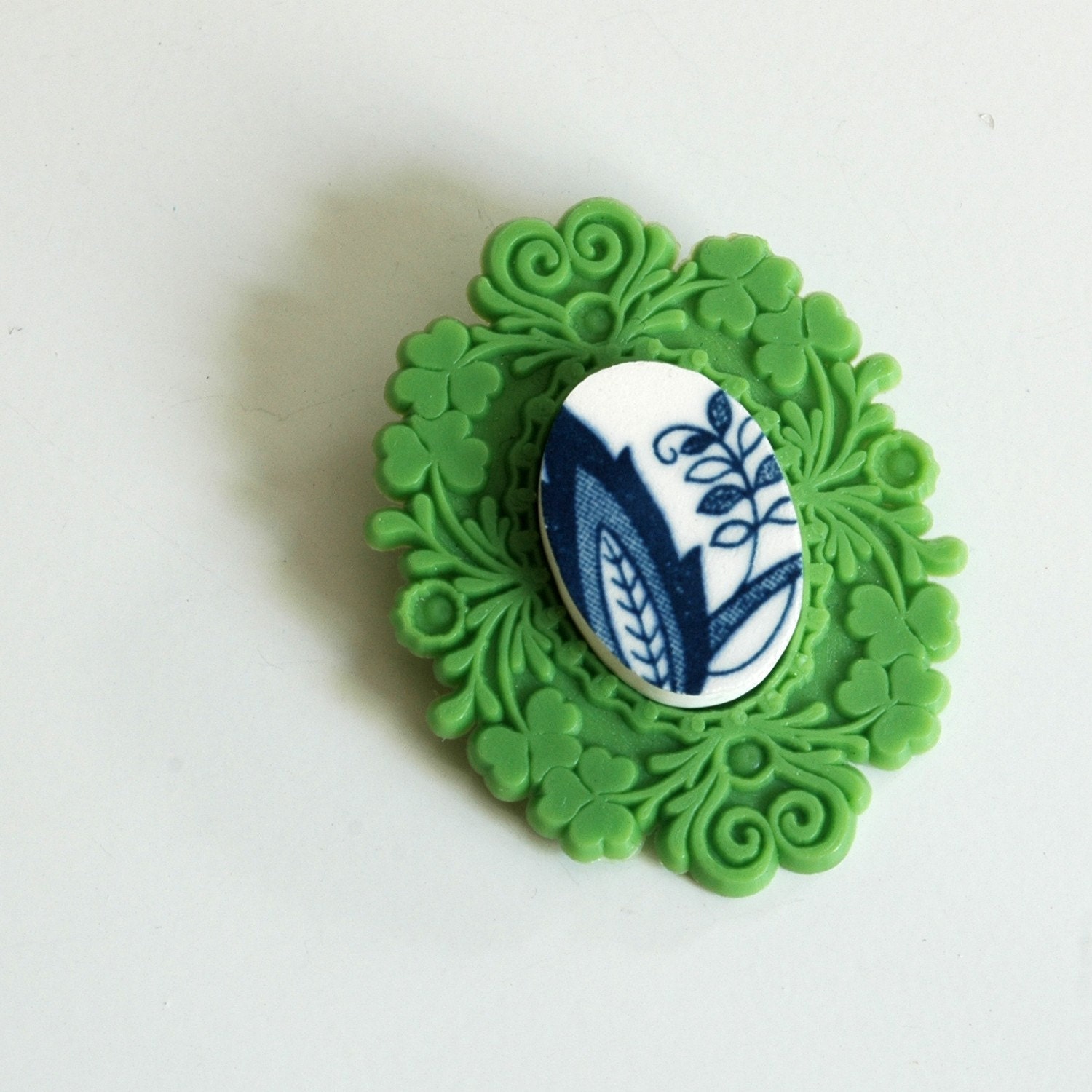 French Brocade Recycled China Brooch - Green and Blue
