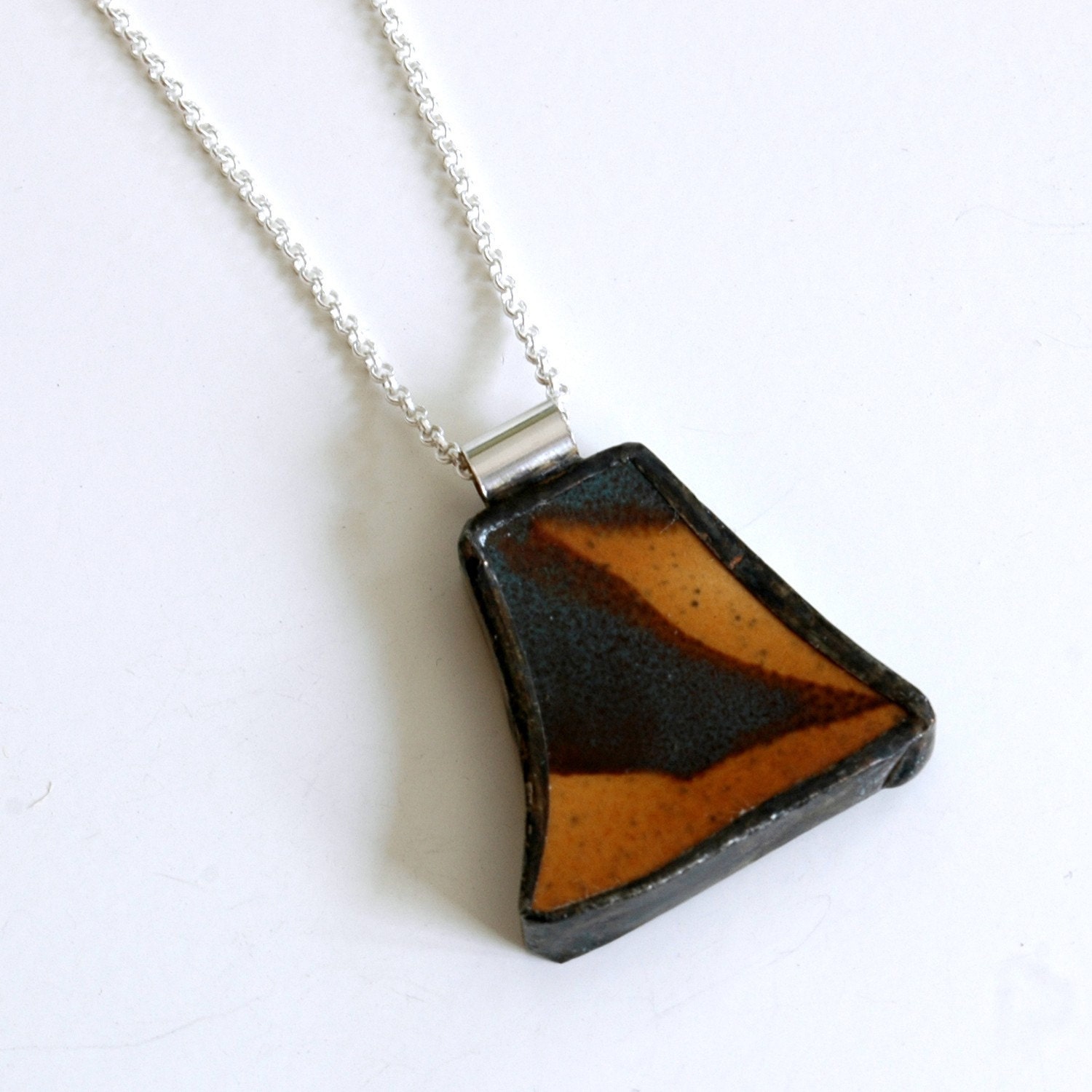 Broken Plate Pendant on Chain - Blue and Yellow - Recycled China
