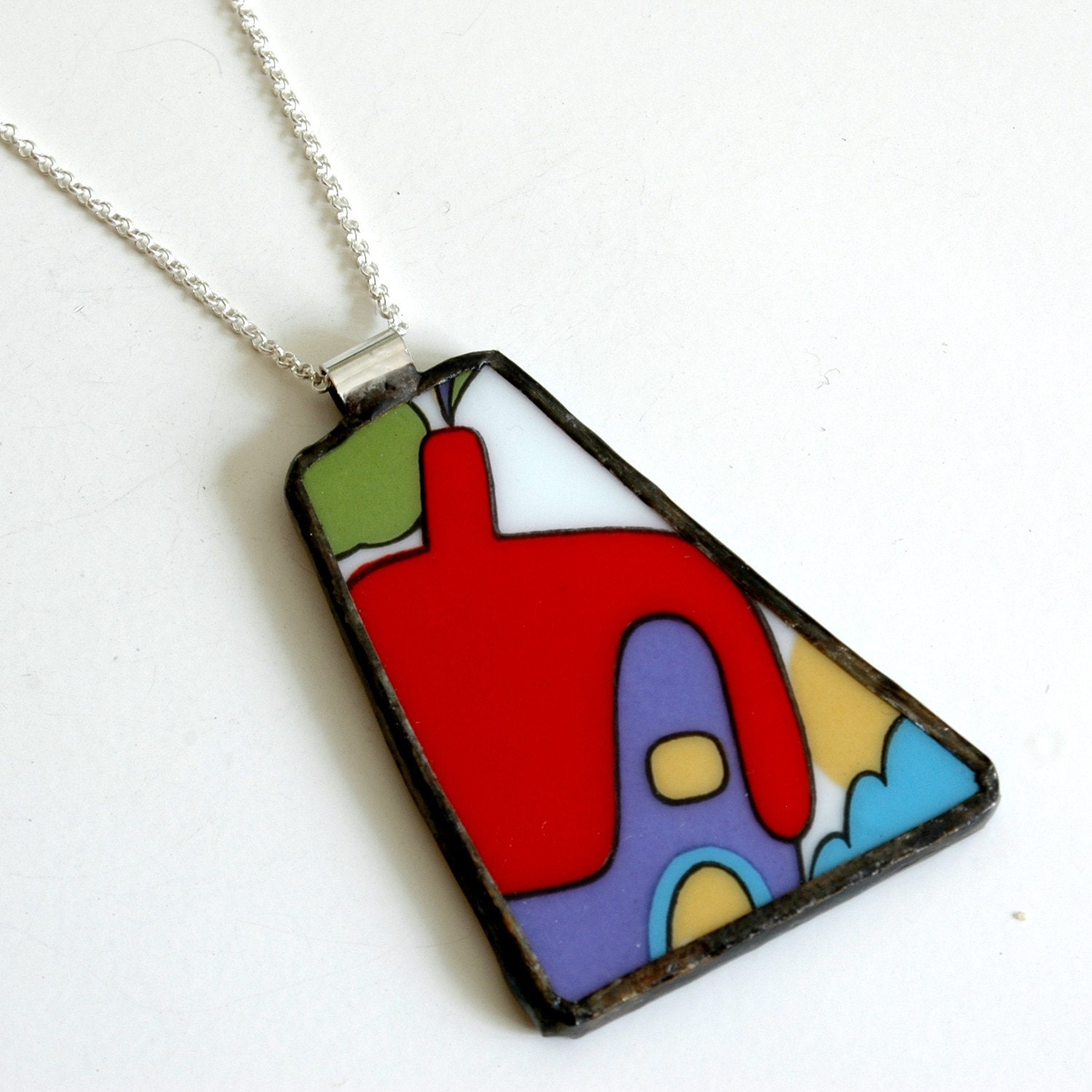Broken Plate Pendant on Chain - Purple House with Red Roof - Recycled China