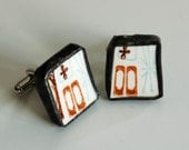 Broken Plate Cuff Link - Brown and Blue Mod Atomic - Recycled China