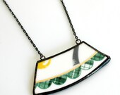 Wide Broken Plate Necklace - Green, Yellow, Gray and White Modern - Recycled China