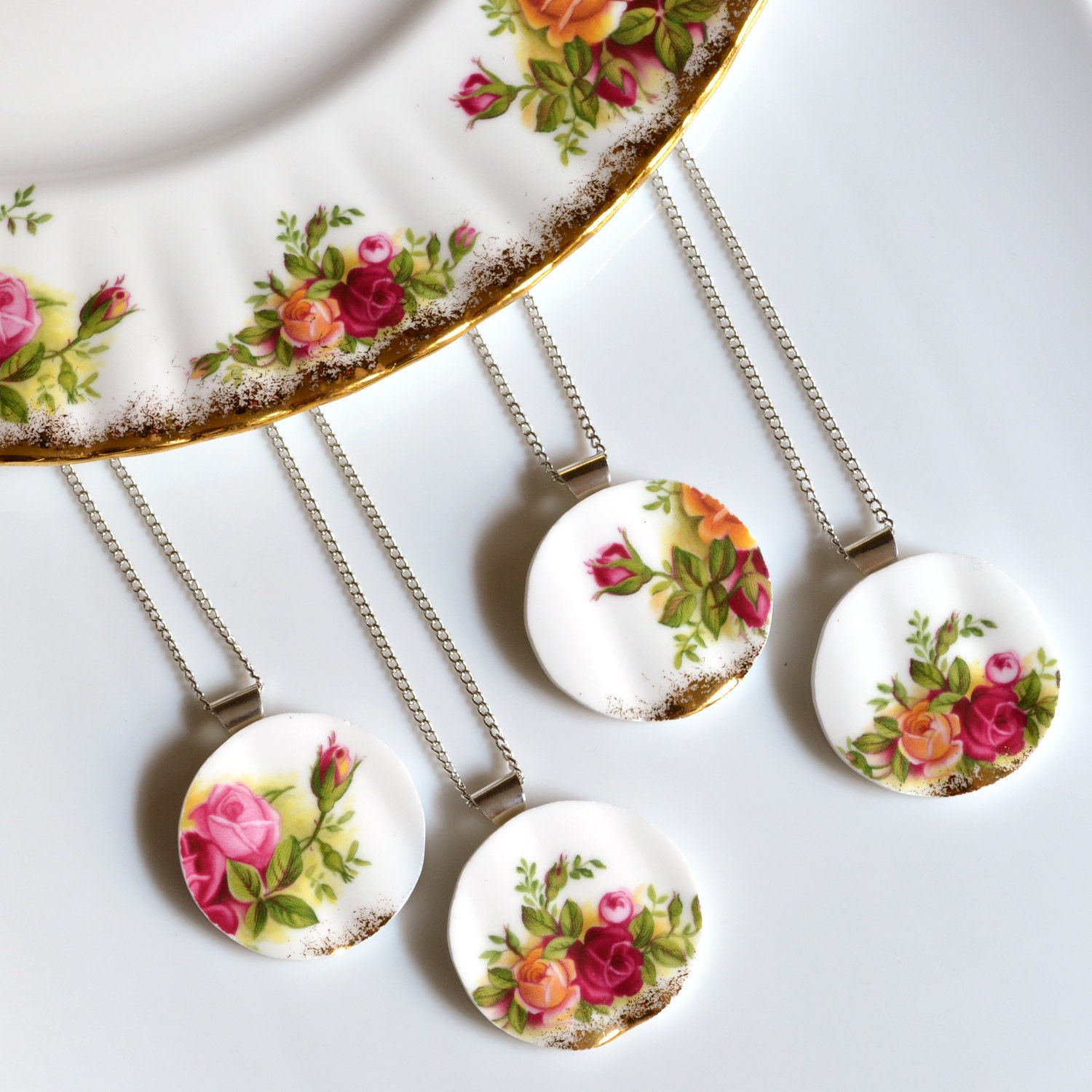 Custom Bridesmaid Jewelry -  Matching Simple Circle Broken Plate Pendants on Chains 4QTY - Recycled China - TheBrokenPlate
