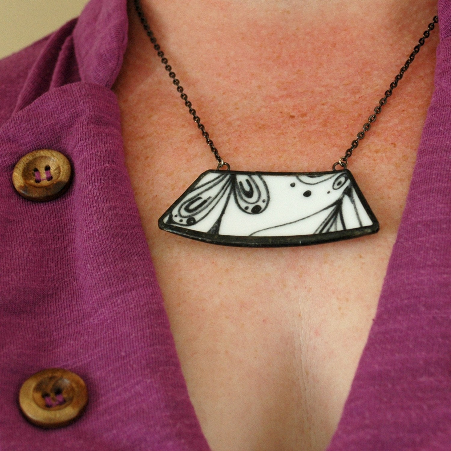 Wide Broken Plate Necklace - Vegetables - Recycled China