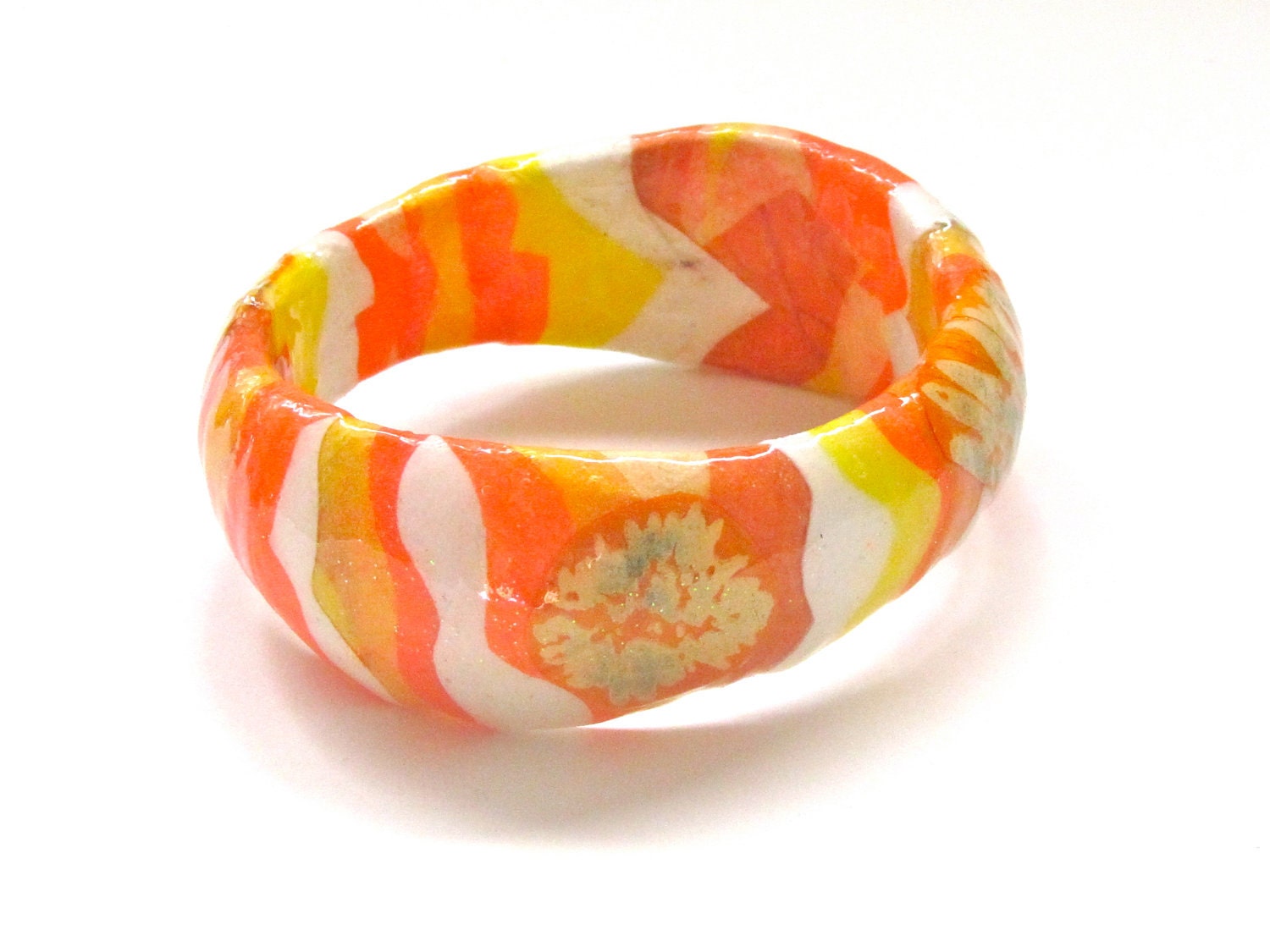 Yellow, Orange, White, Summer Sunshine Bracelet -  paper jewelry, flowers, decoupaged bangle bracelet - lindalinda