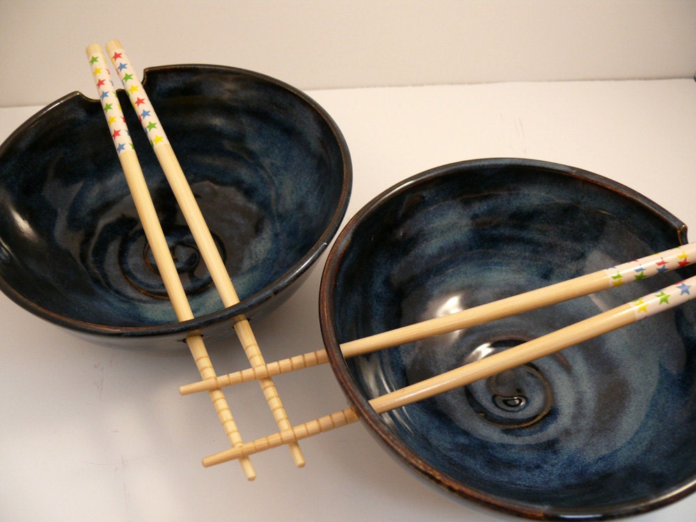 Two Ceramic Noodle Bowls in Moody Blue MADE TO ORDER / Rice Bowls with Chopsticks - wedding anniversary  / kitchen bowl for him for her - BlueSkyPotteryCO