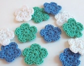 On Etsy Mini Crochet Flower Appliques, 12 Green Blue and White Embellishment Embellishment, Scrapbooking