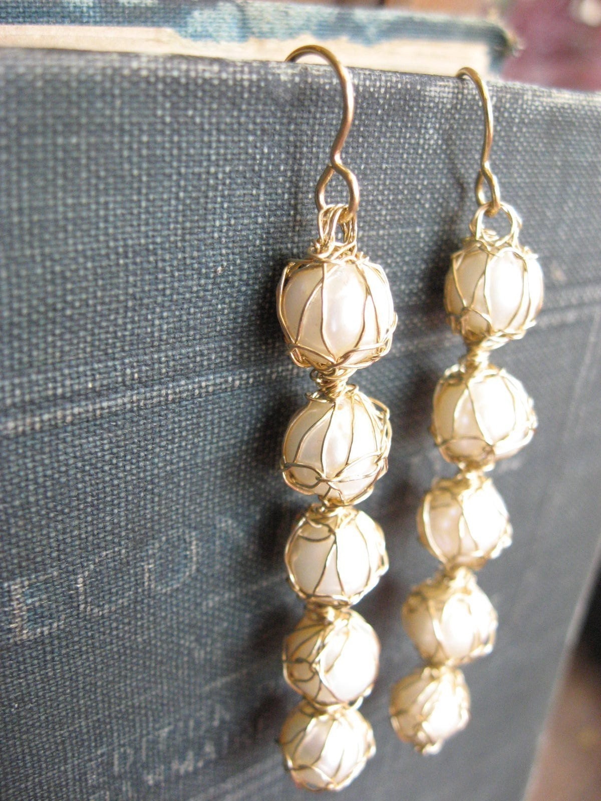 captured pearl earrings... 14k gold fill wire crochet