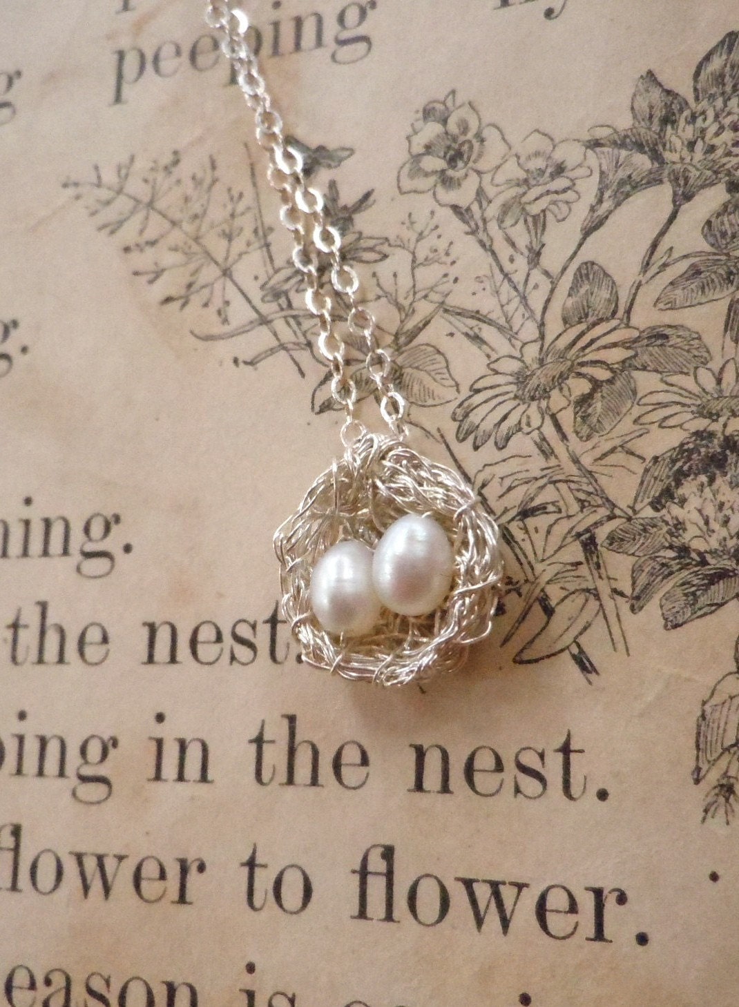 tiny bird nest necklace, silver, 2 pearls