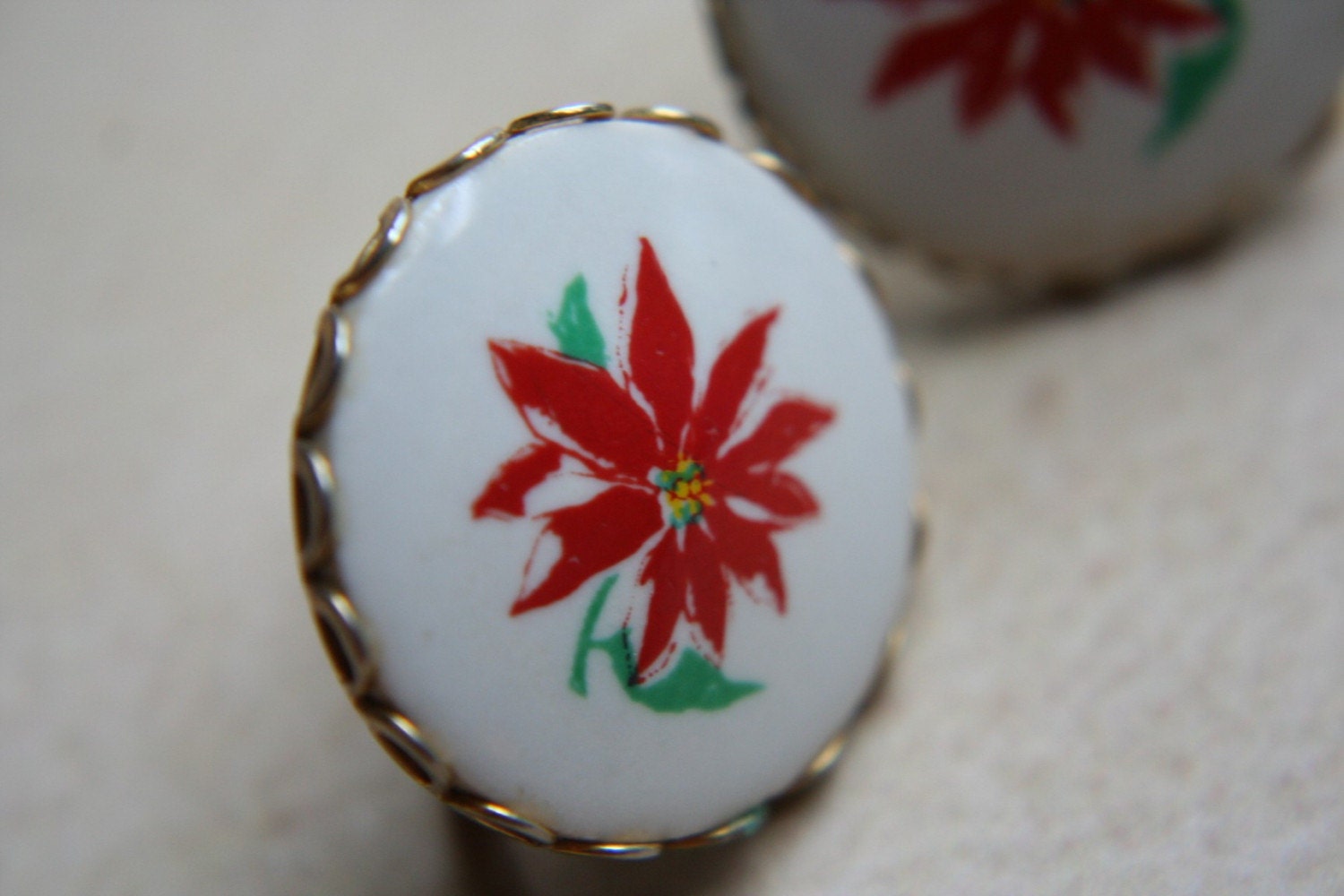 Vintage Poinsettia Glass Earrings Red Green White Screw On Style
