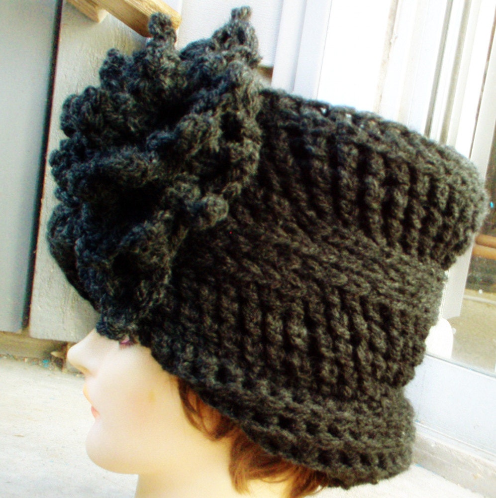 Crochet Hat Women Hat - LAUREN Cloche Hat with Flower in Charcoal Gray Chunky Wool - Winter Hats - Wool Hats - Australia Crochet Hat