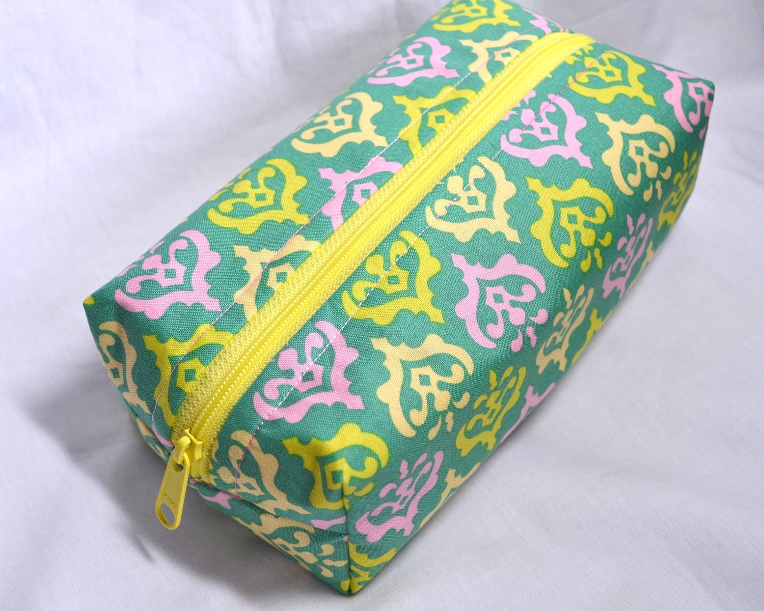Boxy Cosmetic Zipper Pouch  - Teal with Pink Crest