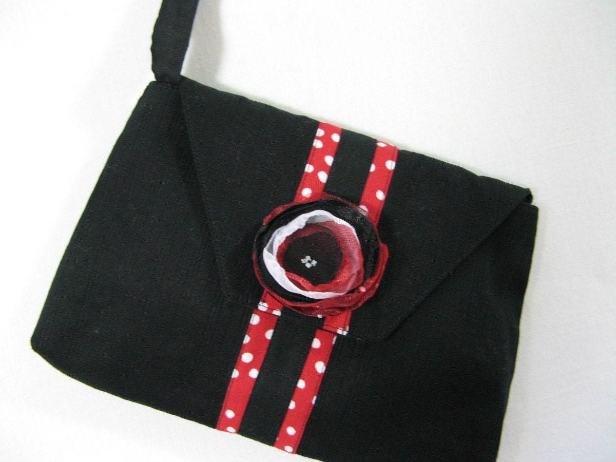 Black Clutch Purse with Handmade Flower Pin