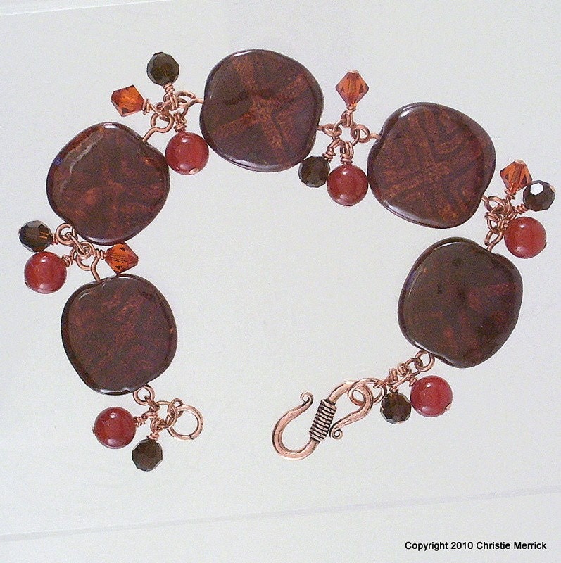 Kazuri Bead Bracelet Red Brown Copper Carnelian Swarovski Crystal