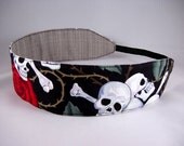 Reversible Headband - Roses for the Dead - Black White Grey Skulls Red Roses and Grey Woven