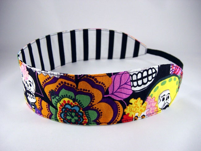 Reversible Headband - Day of the Dead - Black White Stripe Orange Yellow Blue Purple Pink Green