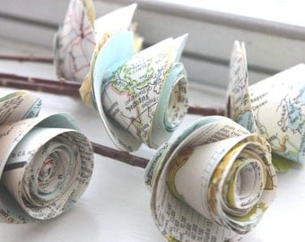 paper roses. repurposed atlas.  small. set of 5