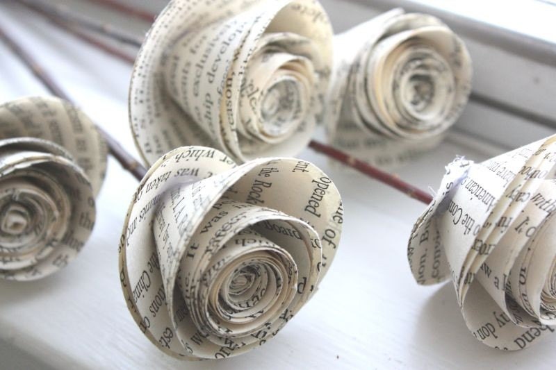 paper roses. repurposed book. small. set of 5
