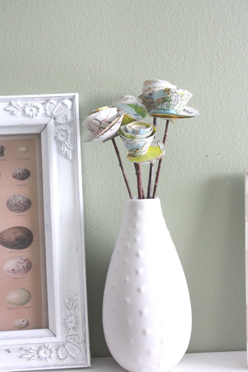 rolled paper roses. repurposed atlas.  small. set of 5