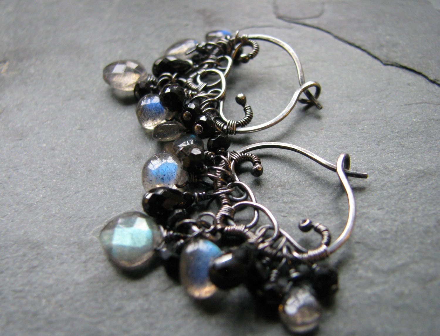 Labradorite Black Spinel 925 Jewelry, Eclipse Earrings, Labradorite, Black Spinel, Oxidized Sterling Silver