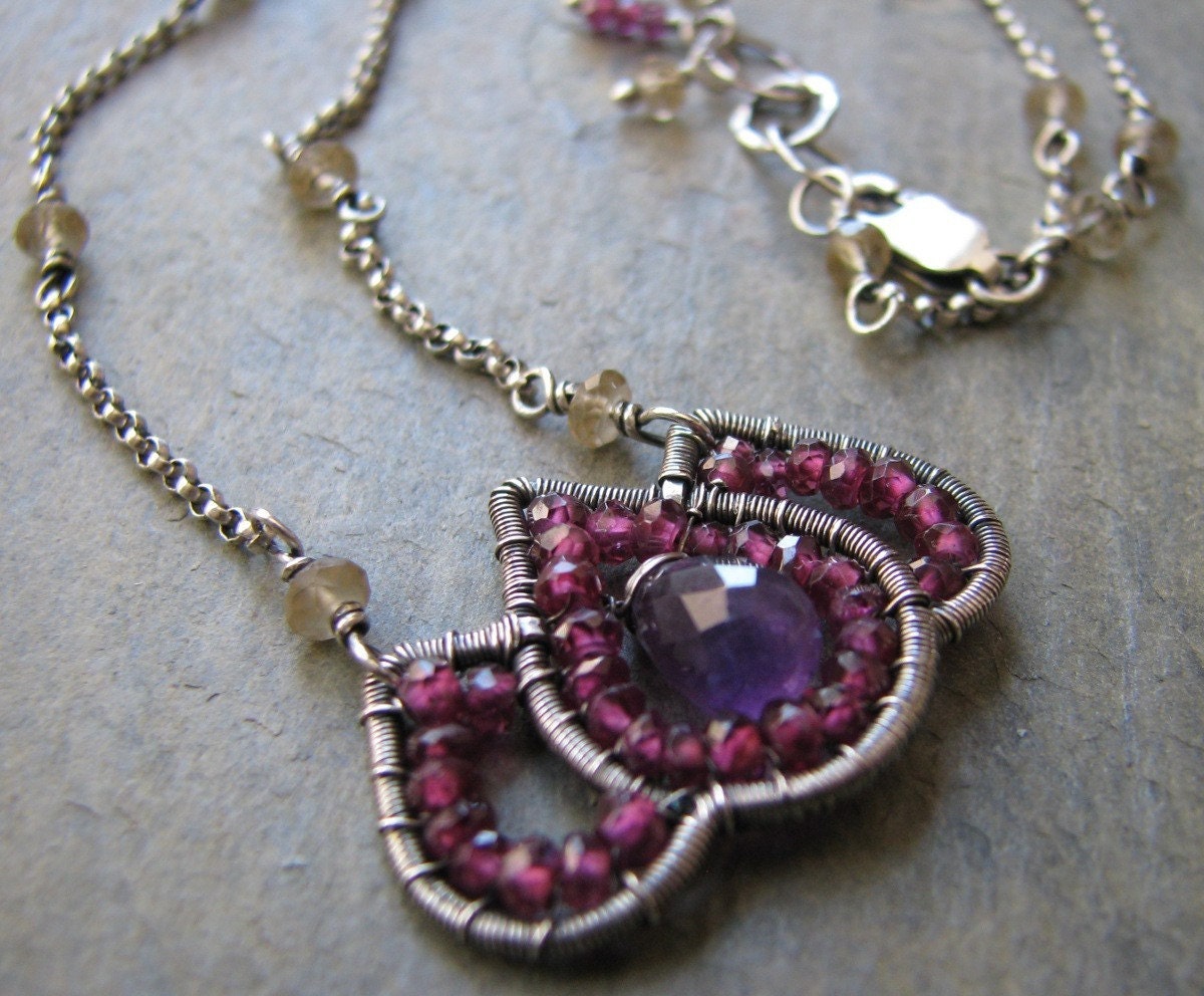 Artisan Lotus Necklace, Passion Lotus Necklace, Sterling Silver, Rhodolite Garnet, Amethyst, Whiskey Quartz, by Amber Bryce