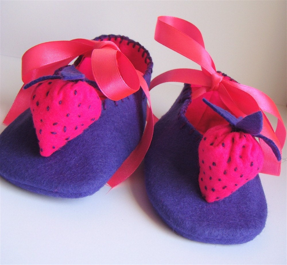 Purple and Pink Strawberry Felt Baby Shoes/Booties