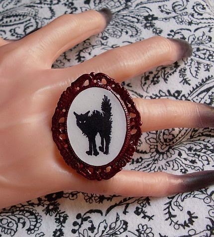 Gothic Bloody Filigree Framed Scary Scared Black Cat Brooch or Pendant