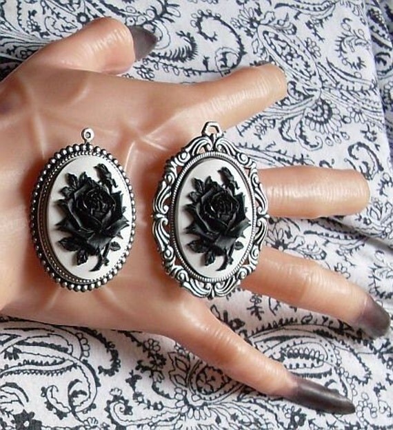 Gothic Black Rose on White Cameo Pendant Gorgeous