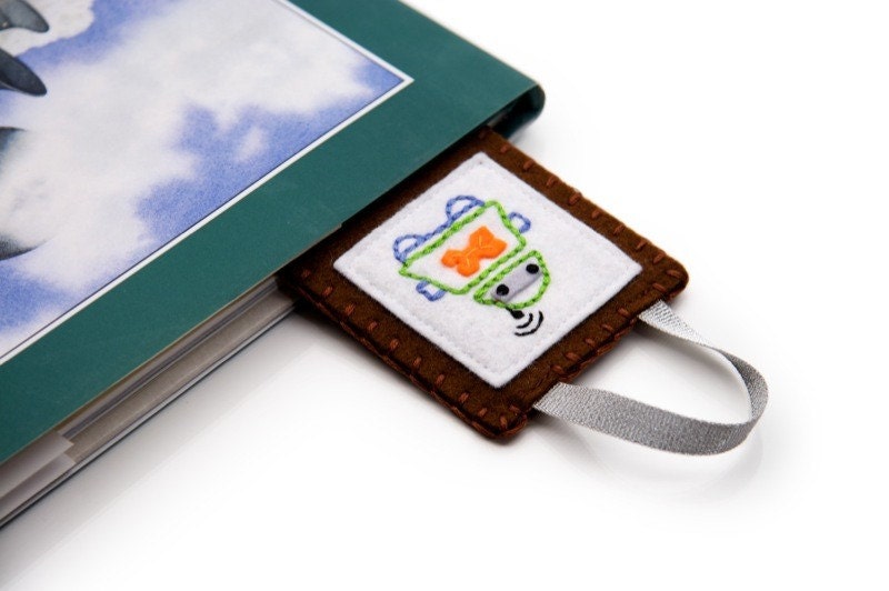 Robot Bookmark, Felt Bookmark, Hand Made, Jenn Maruska, Brown Green and Blue, Metallic Silver, Sci Fi Bookmark, Book Club, Gift