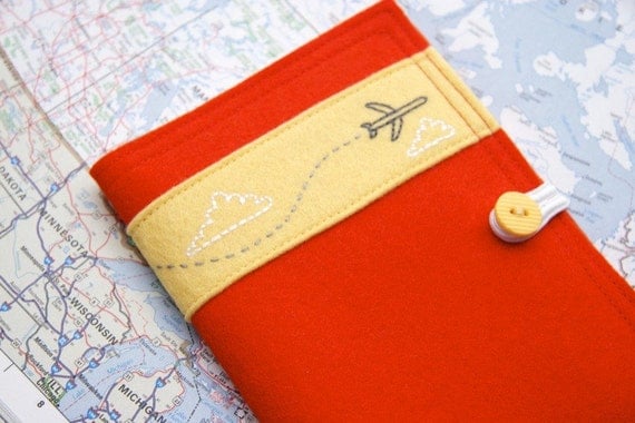 Jet Airplane Passport Cover Embroidered Red Felt