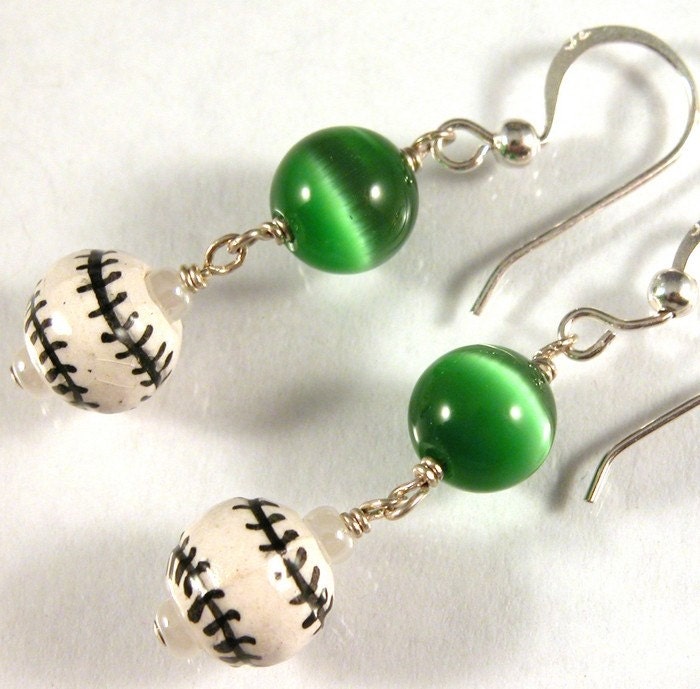 Green Baseball or Softball Sterling Silver Earrings